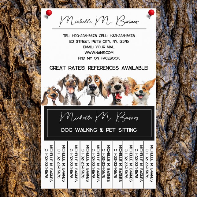 Funny Puppy Dog Walker Sitter Black White Tearoff Flyer (Creator Uploaded)