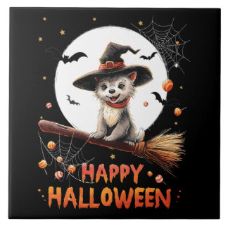 Funny Puppy Dog Witch Candy Spooky Ghost Halloween Ceramic Tile