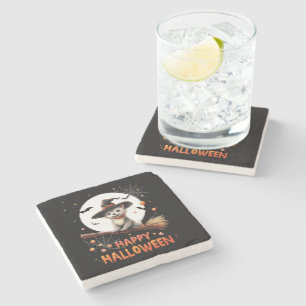 Funny Puppy Dog Witch Candy Spooky Ghost Halloween Stone Coaster