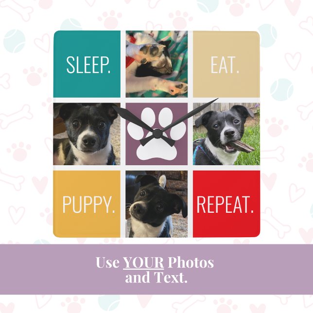 Funny Puppy Sleep Eat Repeat Dog Lover Colourful Square Wall Clock (This dog mom custom photo and text clock is a cute, practical and unique gift for Mother's Day!)