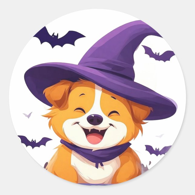Funny Puppy Witch Hat Halloween Cute Dog Scene Classic Round Sticker (Front)