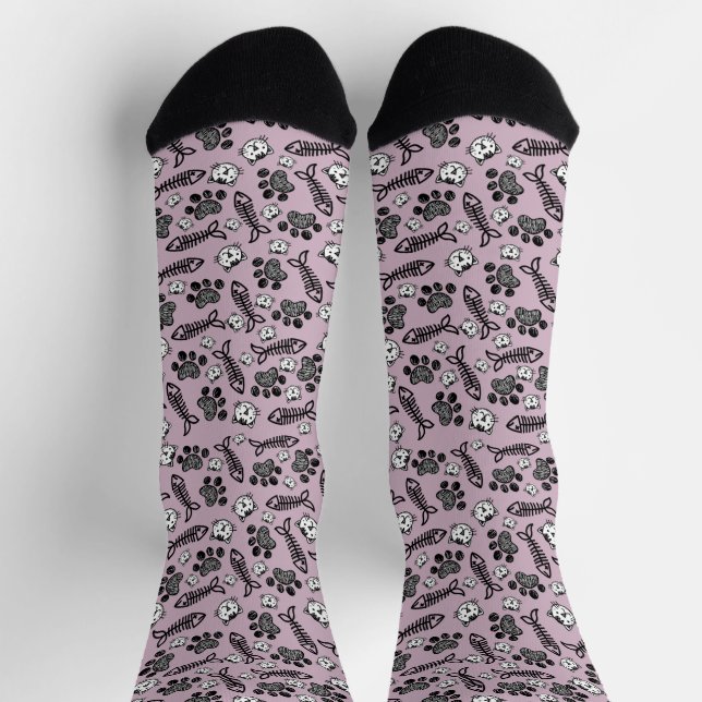 Funny Purple Black and White Cats Drawing Socks (Top)