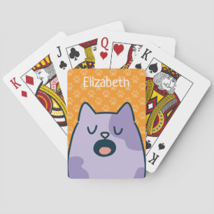 Funny Purple Cartoon Cat, Name Option On Orange Playing Cards