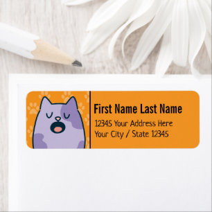 Funny Purple Cartoon Cat, Name Option On Orange Return Address Label