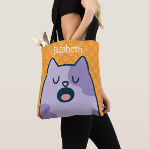Funny Purple Cartoon Cat, Name Option On Orange Tote Bag