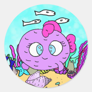 Funny Purple Fish Sea Creatures Beachy Classic Round Sticker