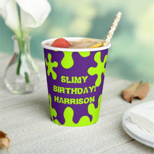 Funny purple green slime custom name birthday paper cups
