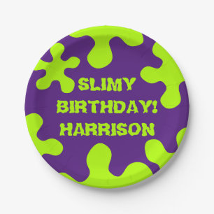 Funny purple green slime custom name birthday paper plate