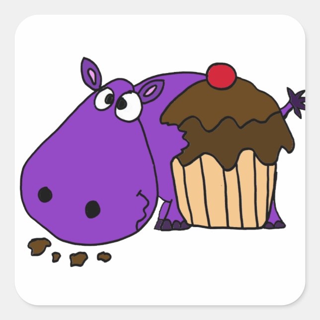 Funny Purple Hippo Eating Cupcake Square Sticker (Front)