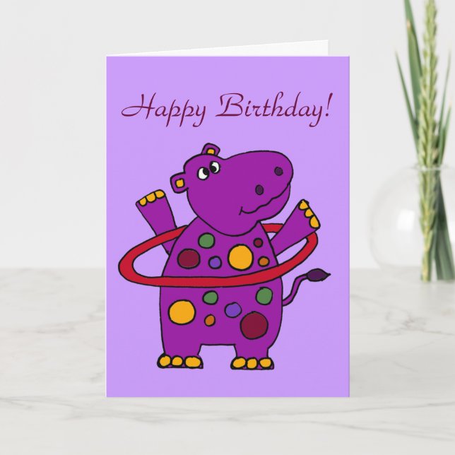 Funny Purple Hippo Playing Hula Hoop Card (Front)