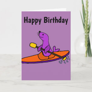 Funny Purple Seal Kayaking Cartoon Card