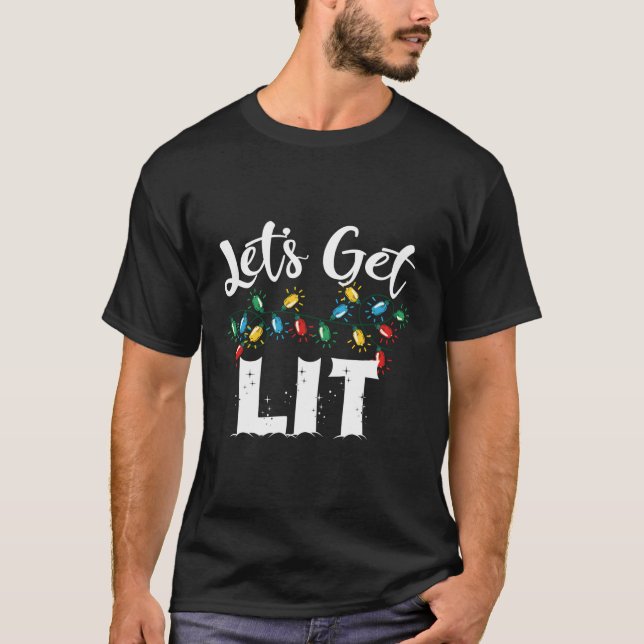 Funny Pyjamas Let'S Get Lit Drinking For Christmas T-Shirt (Front)