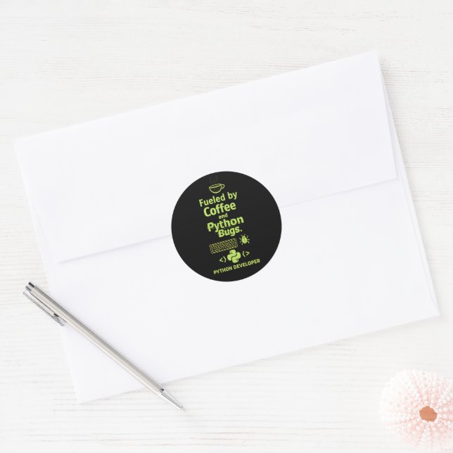 Funny Python Developer – Fueled by Coffee bugs  Classic Round Sticker (Envelope)