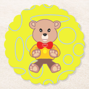 Funny Quirky Cute Bowtie Bear Yellow Paper Coaster