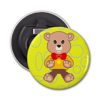 Funny Quirky Cute BowtieBear Button Bottle Opener