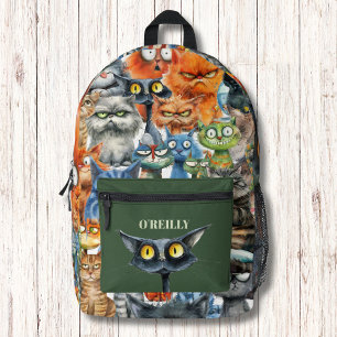 Funny Quirky Mean Cats Modern Monogram Printed Backpack