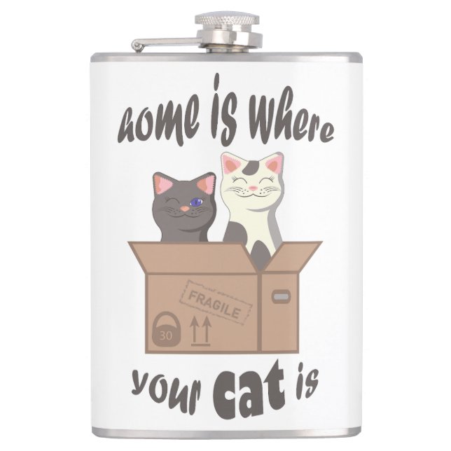 Funny quote Home is where your cat is Hip Flask (Front)