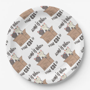 Funny quote Home is where your cat is Paper Plate