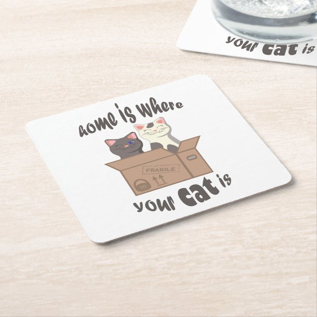 Funny quote Home is where your cat is Square Paper Coaster (Angled)