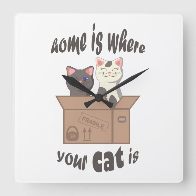 Funny quote Home is where your cat is Square Wall Clock (Front)