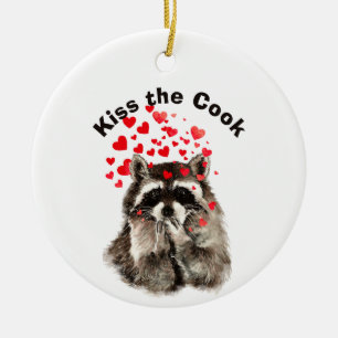 Funny Quote Kiss the Cook Cute Raccoons, Animal  Ceramic Ornament