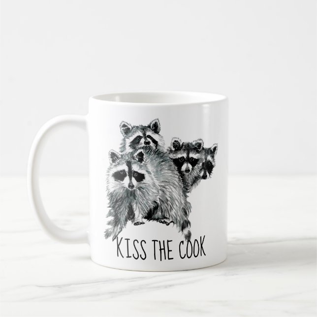 Funny Quote Kiss the Cook Cute Raccoons, Animal Coffee Mug (Left)