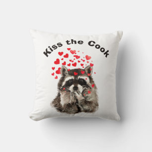 Funny Quote Kiss the Cook Cute Raccoons, Animal  Cushion