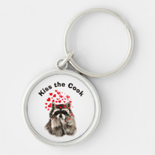 Funny Quote Kiss the Cook Cute Raccoons, Animal Ke Key Ring