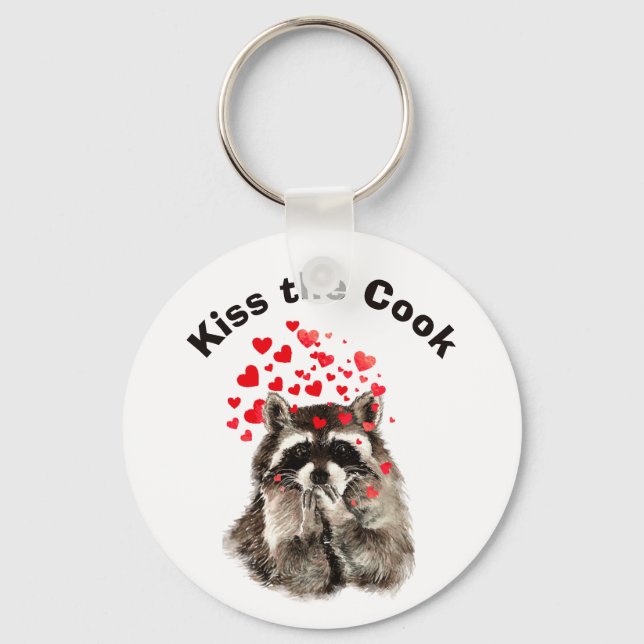 Funny Quote Kiss the Cook Cute Raccoons, Animal Key Ring (Front)