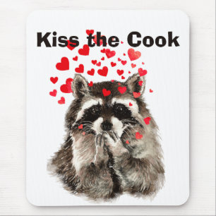 Funny Quote Kiss the Cook Cute Raccoons, Animal Mo Mouse Pad