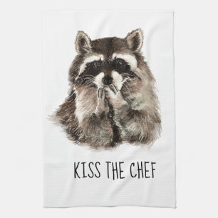 Funny Quote Kiss the Cook Cute Raccoons, Animal Tea Towel