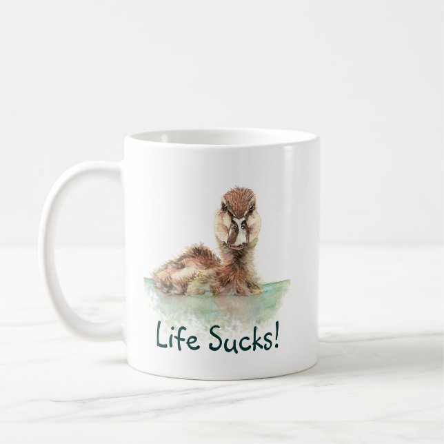 Funny Quote, Life Sucks, Angry Duck, Bird  Mug (Left)