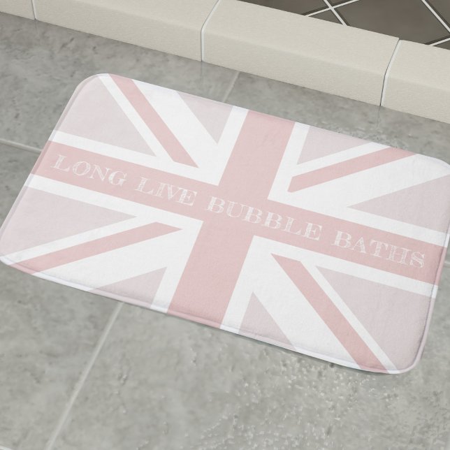 Funny Quote Pink Union Jack Flag Bath Mat (Long Live bubble baths! Add your own short quote to this cute pink UK flag bath mat)