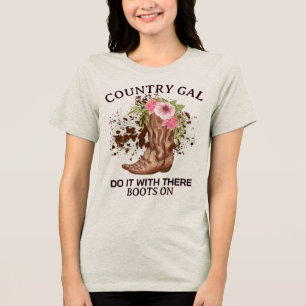 Funny quote retro cowgirl floral boots Tri-Blend shirt