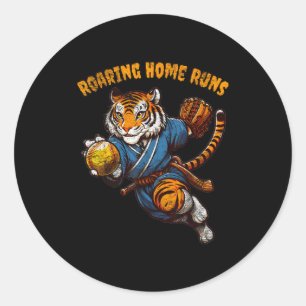 Funny Quote Roaring Home Run Ball Retro Tiger Love Classic Round Sticker