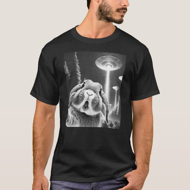 Funny Rabbit Alien UFO Taking a Selfie Animal Love T-Shirt (Front)