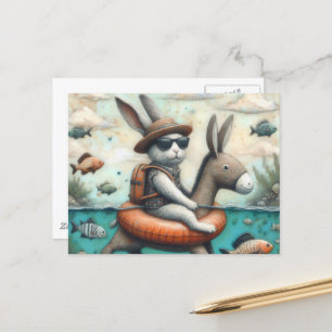 Funny Rabbit in a Donkey Float Digital Art Postcard