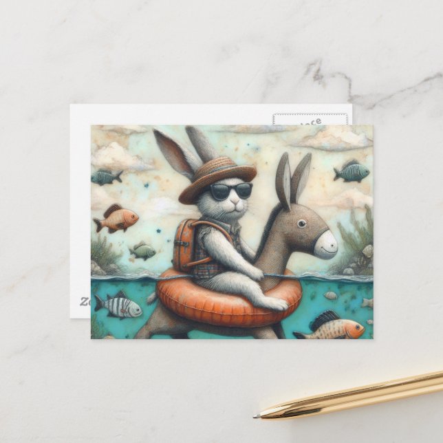 Funny Rabbit in a Donkey Float Digital Art Postcard (Front/Back In Situ)