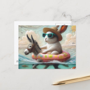 Funny Rabbit in a Donkey Float Digital Art Postcard