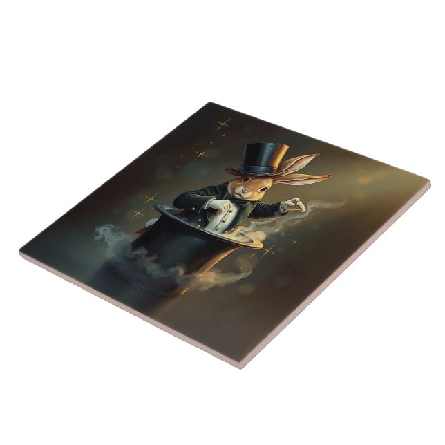 Funny Rabbit Magician Pulling Itself Out of Tophat Ceramic Tile (Side)