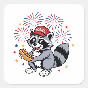 Funny Raccoon 4th Of July Patriotic Cute Red White Square Sticker