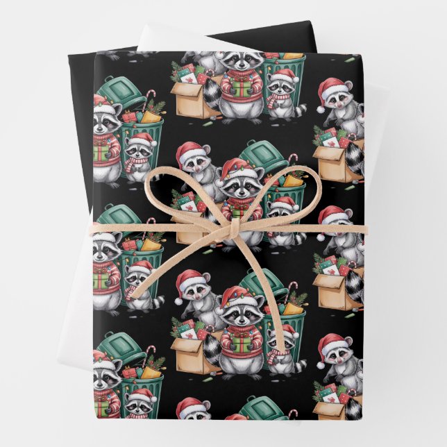 Funny Raccoon Christmas Opossum & Street Cats Wrapping Paper Sheet (In situ)