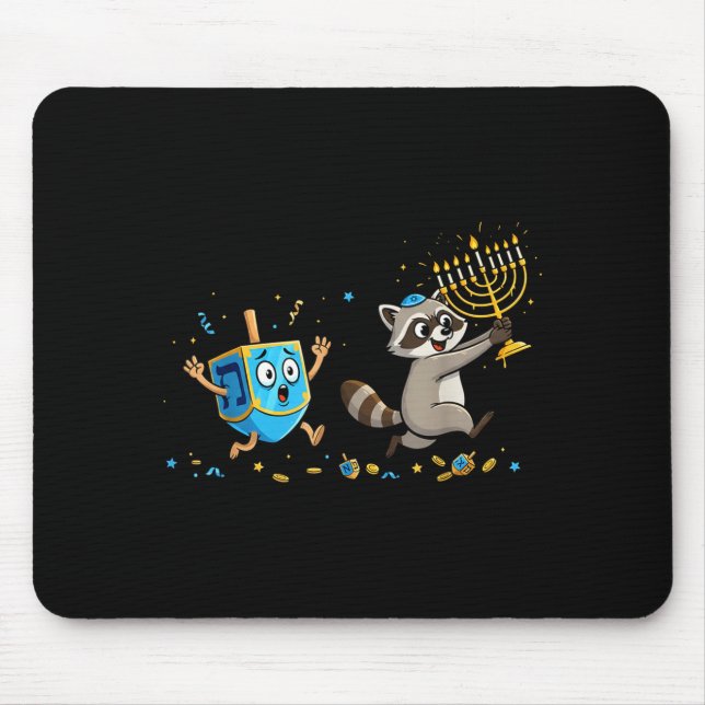 Funny Raccoon Dreidel Menorah Hanukkah Kids Womens Mouse Pad (Front)