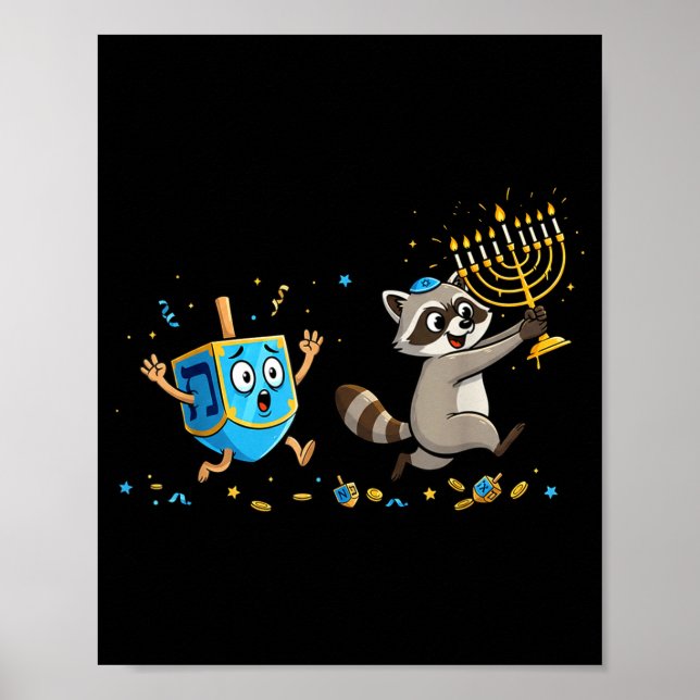 Funny Raccoon Dreidel Menorah Hanukkah Kids Womens Poster (Front)