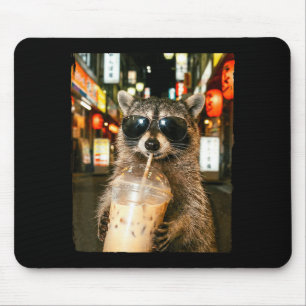 Funny raccoon drinking ice coffee men women meme mouse pad