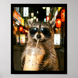 Funny raccoon drinking ice coffee men women meme poster