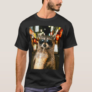 Funny raccoon drinking ice coffee men women meme  T-Shirt