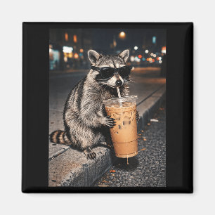 Funny raccoon drinking iced coffee animal coffee magnet