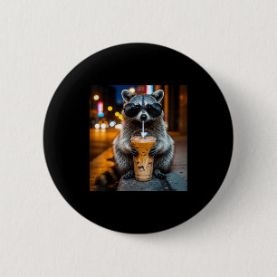 Funny raccoon drinking iced coffee animal meme 6 cm round badge