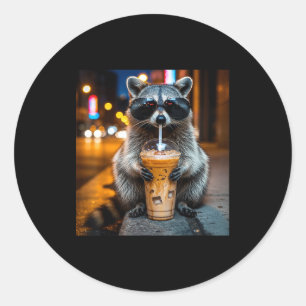 Funny raccoon drinking iced coffee animal meme classic round sticker